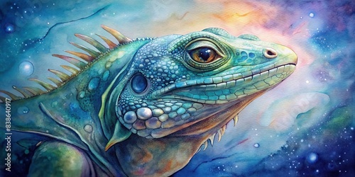 Watercolor painting of an iguana face   watercolor  painting  iguana  face  reptile  animal  artwork colorful  detailed  exotic  wildlife  green  nature  artistic  close-up  wild  scaled