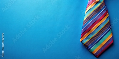 Blue background highlighting a colorful striped tie, blue, background, colorful, striped, tie, fashion, accessory, elegant, design, vibrant, vibrant, bright, contrast, formal, professional