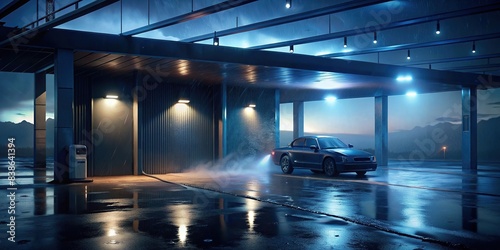 Car being washed at a self-service car wash without any people present, clean, vehicle, soap, water, foam, suds, spotless, scrub, brush, maintenance, shiny, washing, cleaning, automobile photo