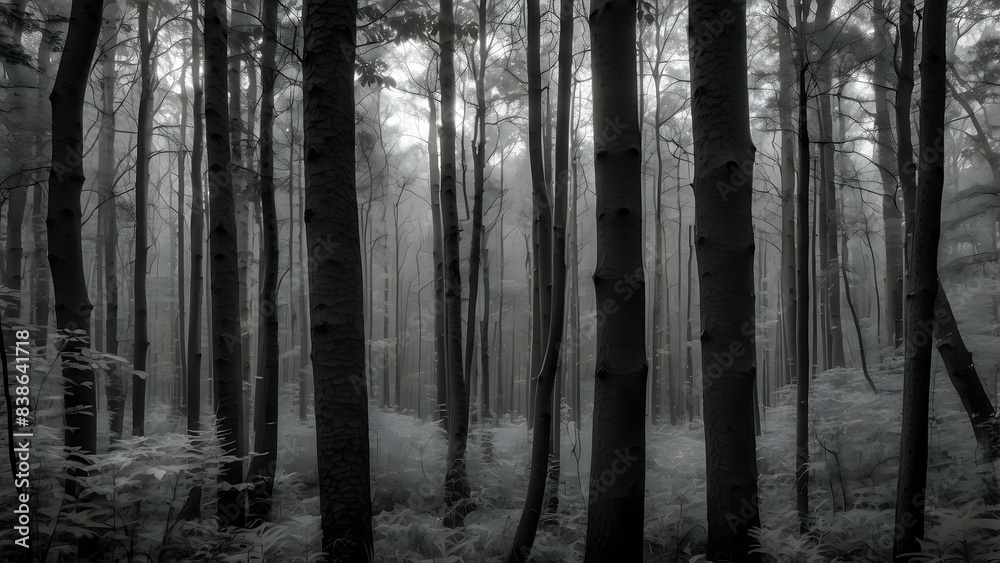 Fototapeta premium A serene, foggy woodland scene with tall trees and ferns, captured in a grayscale color palette that enhances the misty atmosphere