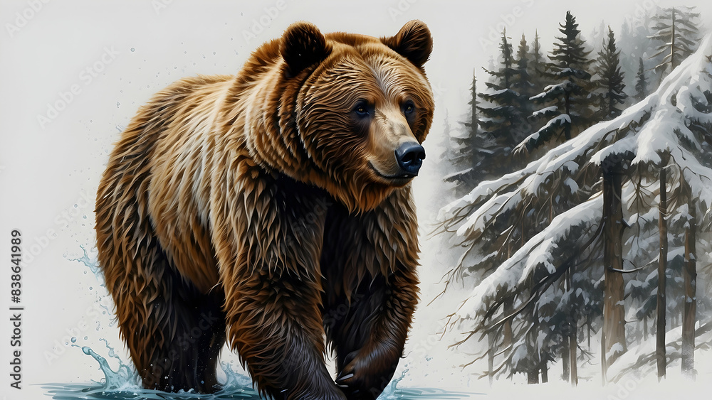 A digital illustration of a realistic bear wading through a snowy landscape, surrounded by trees A digital illustration of a realistic bear wading through a snowy landscape, surrounded by trees