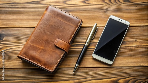 A cell phone, pen, and wallet on a wooden table, cell phone, pen, wallet, wooden table, technology, communication, finance, mobile device, writing instrument, money, business, smartphone