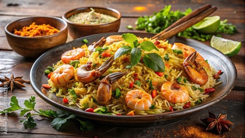 Delicious prawn biryani with aromatic spices and basmati rice , seafood, Indian cuisine, tasty, flavorful, spicy, traditional, dish, meal, shrimp, pilaf, saffron, curry, lunch