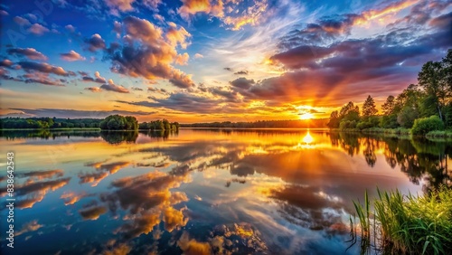 Close-up of a beautiful sunset over a calm lake  symbolizing peace and tranquility  sunset  lake  reflection  calm  serene  nature  water  sky  horizon  landscape  dusk  tranquil  peaceful