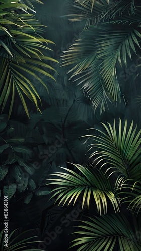 Beautiful nature background of vertical garden with tropical green leaf. Mural wallpaper. AI generated illustration