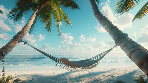 hammock on the beach between two plama trees and the beautiful view of beach with blue cloudy sky  © Ushtar