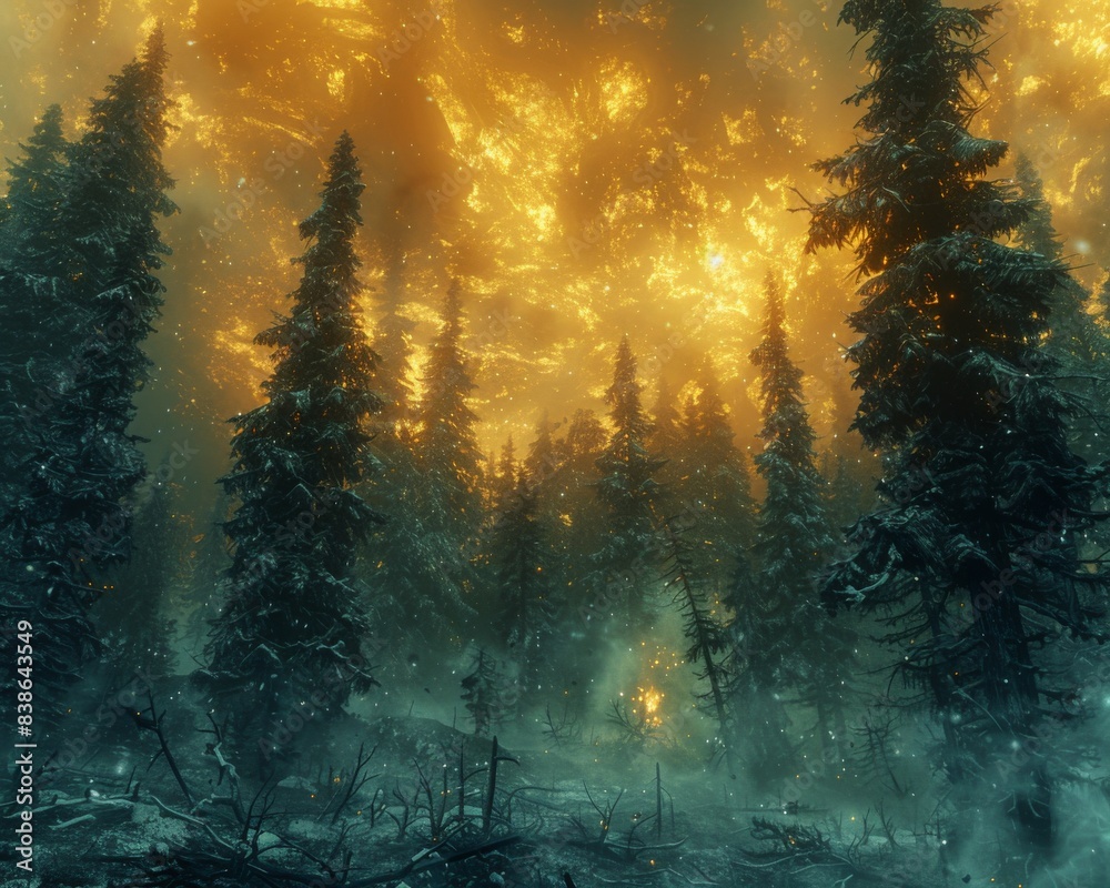 Fototapeta premium Intense forest fire enveloping evergreen trees at dusk, creating a dramatic and eerie atmosphere with thick smoke and glowing flames