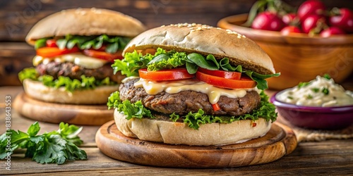 Close-up shot of a halal burger with mutton and hummus next to a kosher round sandwich with meat, vegetables, and greens on a wooden table , halal, burger, mutton, hummus, kosher, round photo