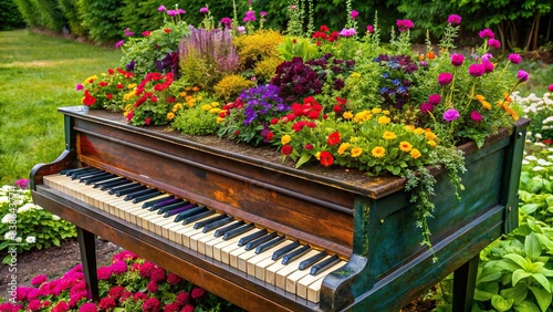 Old piano turned garden bed with colorful flowers growing from keys , recycled, musical instrument, garden, flowers, repurposed, keys, creative, unique, vintage, sustainability photo