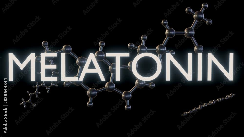3d animation of structure of melatonin chemical structure, it is a hormone that your brain produces in response to darkness. 