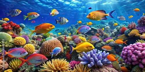Tropical sea underwater scene with colorful fishes swimming on coral reef   aquarium  oceanarium  wildlife  marine  panorama  landscape  nature  snorkeling  diving  underwater  tropical  sea