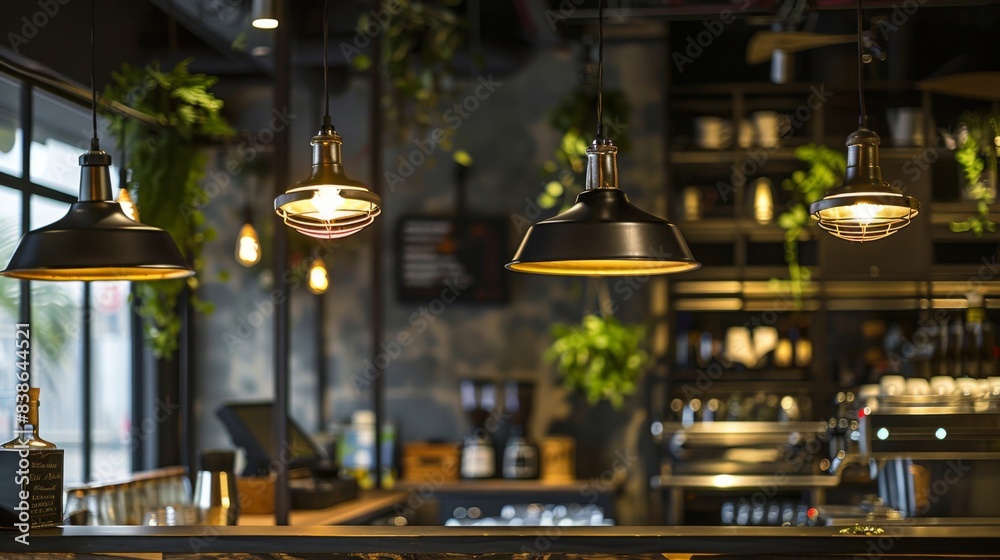 A row of industrial-style pendant lights hanging above a bar counter, casting a warm and inviting glow in a trendy cafe A row of industrial-style pendant lights hanging above a bar counter, casting a warm and inviting glow in a trendy cafe