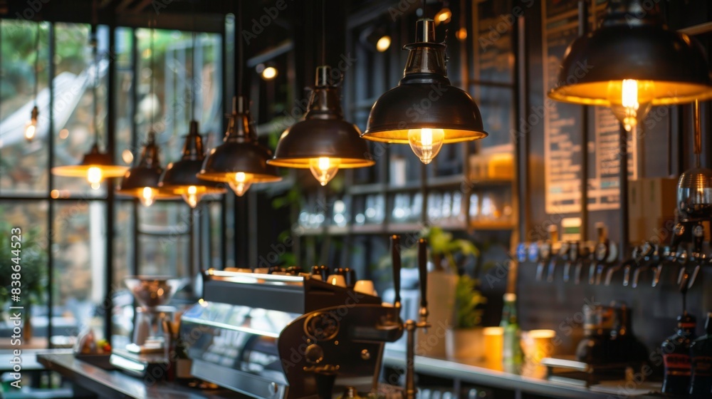 A row of industrial-style pendant lights hanging above a bar counter, casting a warm and inviting glow in a trendy cafe A row of industrial-style pendant lights hanging above a bar counter, casting a warm and inviting glow in a trendy cafe