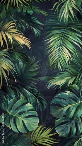 Beautiful nature background of vertical garden with tropical green leaf. Mural wallpaper. AI generated illustration