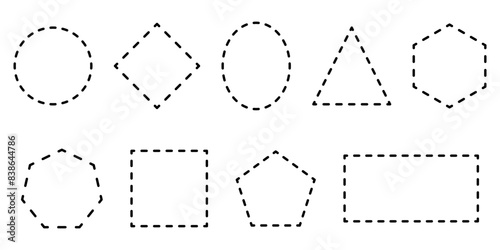 Collection of simple geometric shapes formed by dashed lines - Set of outlines of basic geometric figures isolated on a white background - Vector outlines for cutting