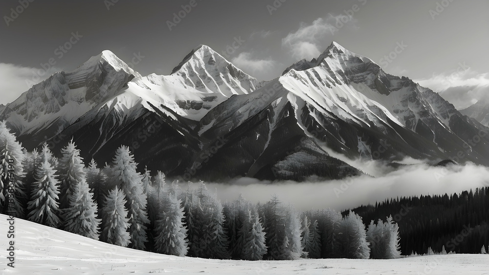 Obraz premium Stunning monochromatic landscape with snow-covered mountains and trees under a clear sky