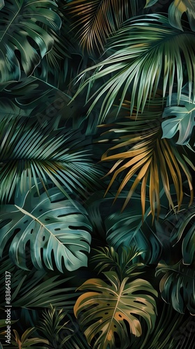 Beautiful nature background of vertical garden with tropical green leaf. Mural wallpaper. AI generated illustration