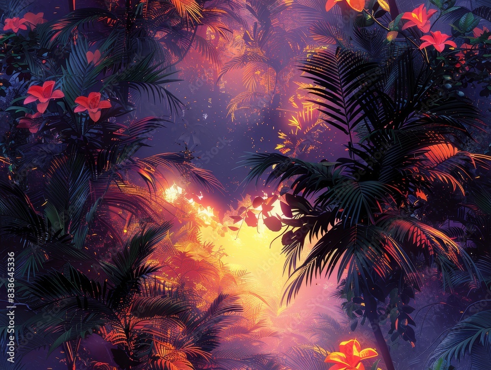 Dense jungle illuminated by warm sunlight with vibrant flowers and lush foliage creating a mystical atmosphere with digital holographic effects