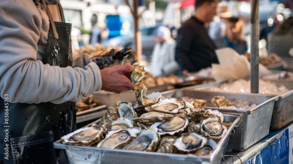 A seafood market vendor offering freshly shucked oysters to customers, with shells discarded in a bin beside the display. A seafood market vendor offering freshly shucked oysters to customers, with shells discarded in a bin beside the display.