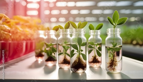 Visualize a laboratory experiment representing the future of farming, featuring hydroponic pot-grown greenery photo