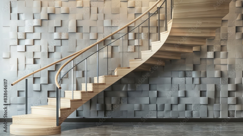 Fototapeta premium Modern reception area with an ash wood spiral staircase, iron railings, and a wall pattern of shifting gray squares.