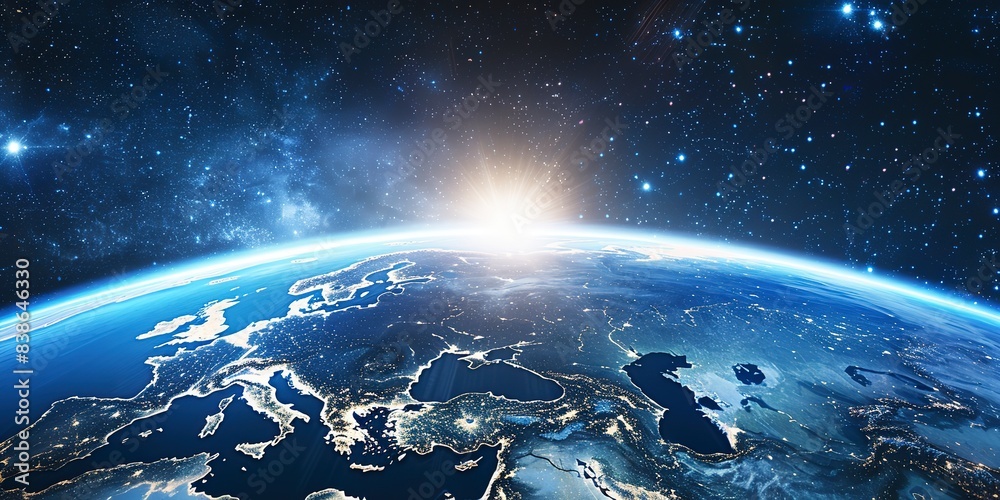 Fototapeta premium Stunning View of Earth from Space at Sunrise Centered on Europe and China, with a Star-Filled Atmosphere and Blue Planet Horizon Showcasing Vast Landscapes