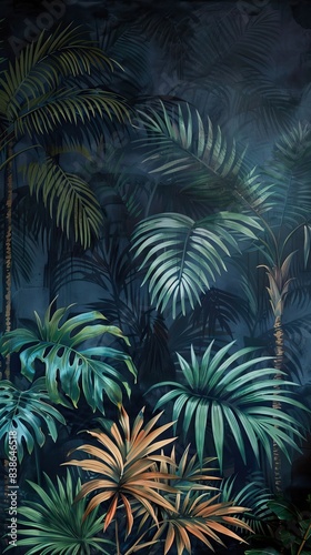 Beautiful nature background of vertical garden with tropical green leaf. Mural wallpaper. AI generated illustration