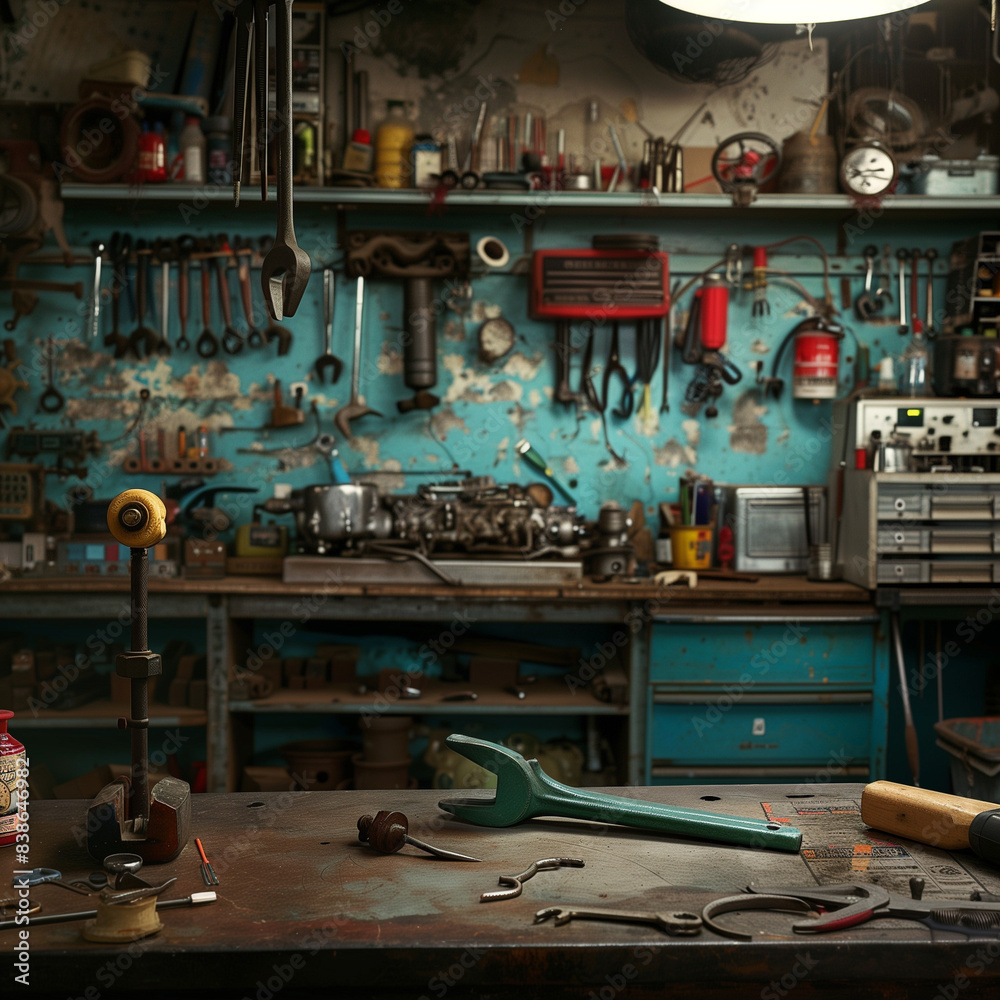Handy Repairs: A Pipe Wrench on a Workbench in a Busy Garage Handy Repairs: A Pipe Wrench on a Workbench in a Busy Garage