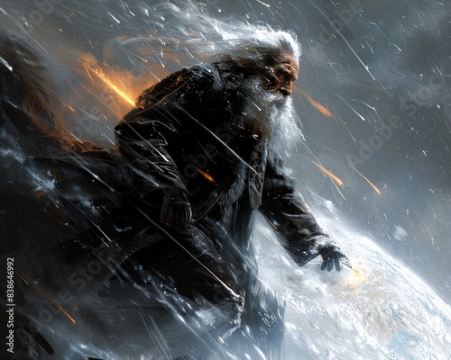 Epic Battle in a Storm: Dynamic Artwork of a Powerful Bearded Warrior Battling the Elements with Determination and Strength photo