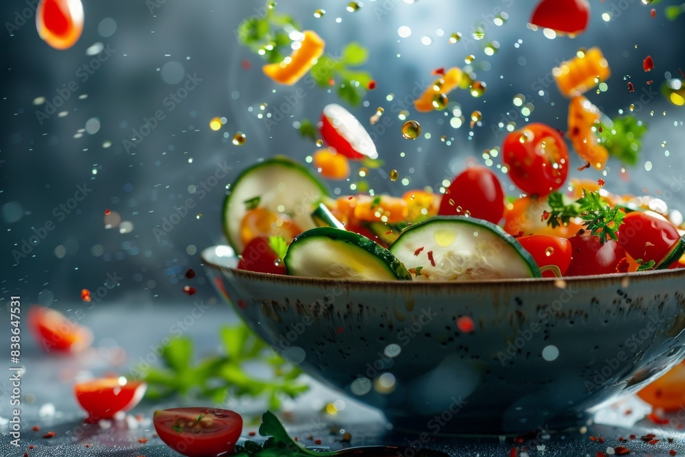 Bowl of vegetable salad with flying vegetables and oil drops. Bowl of vegetable salad with flying vegetables and oil drops.