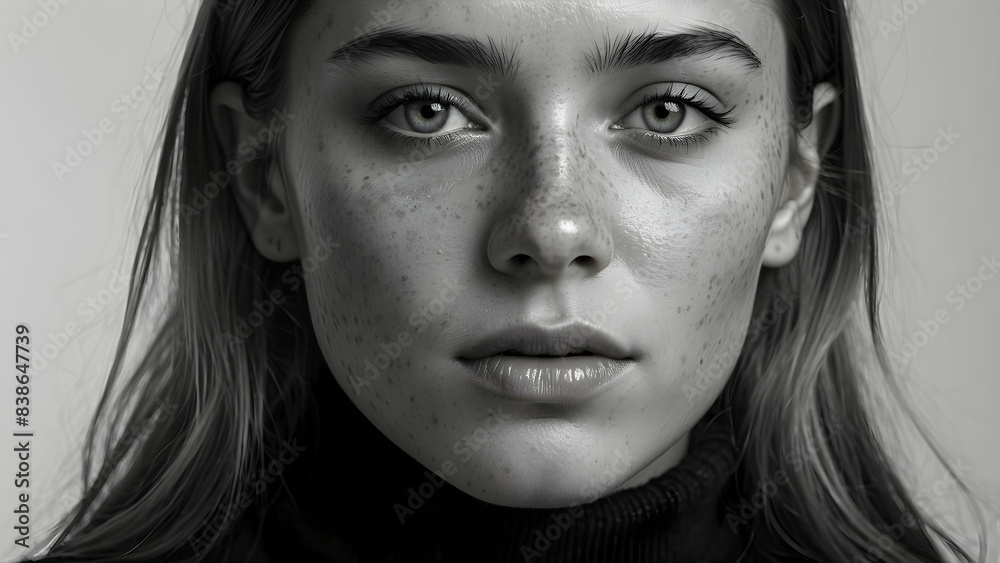 Black and white close-up of a young girl with freckles and a serene expression, emphasizing natural beauty Black and white close-up of a young girl with freckles and a serene expression, emphasizing natural beauty