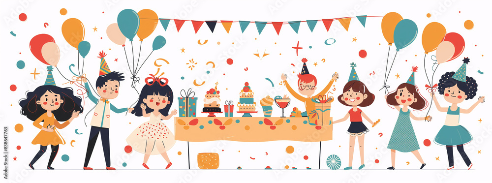 Fototapeta premium Children's illustration of a birthday party. Illustration for banner, website, or decoration.