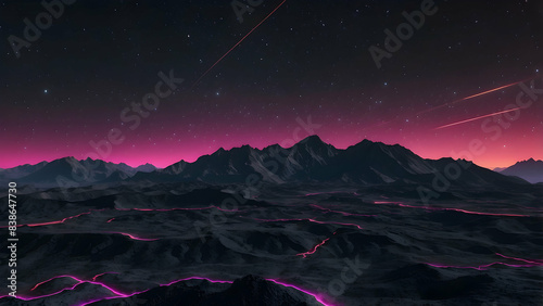 An ethereal mountainous landscape bathed in a pink glow under a starry night sky with visible meteor trails, evoking wonder and serenity photo