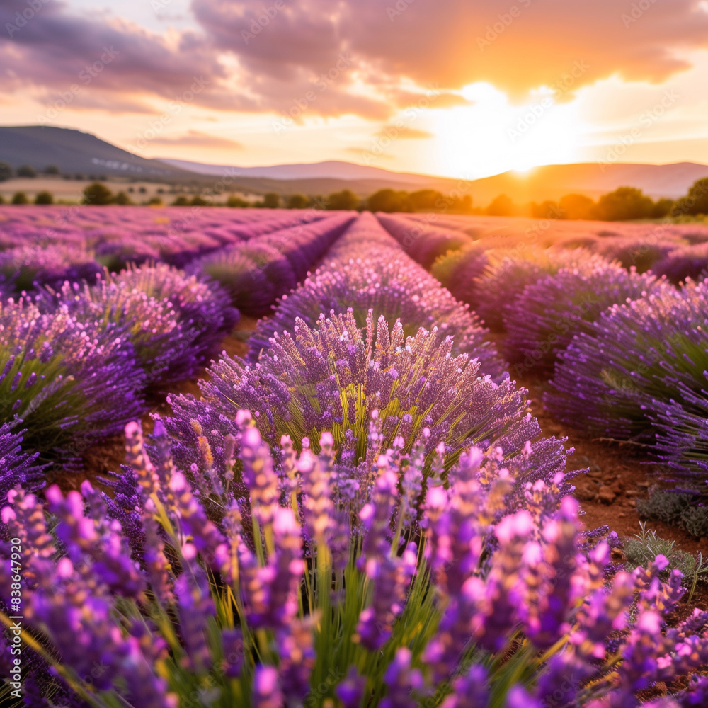 Obraz premium Lavender Fields Swaying in a Golden Sunset