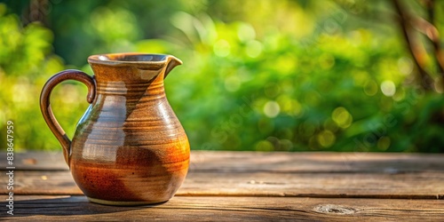 Handcrafted ceramic jug sitting on a wooden table with a blurred natural background , pottery, handmade, craft, art, ceramics, jug, traditional, rustic, decor, vintage, artisan, clay, design photo