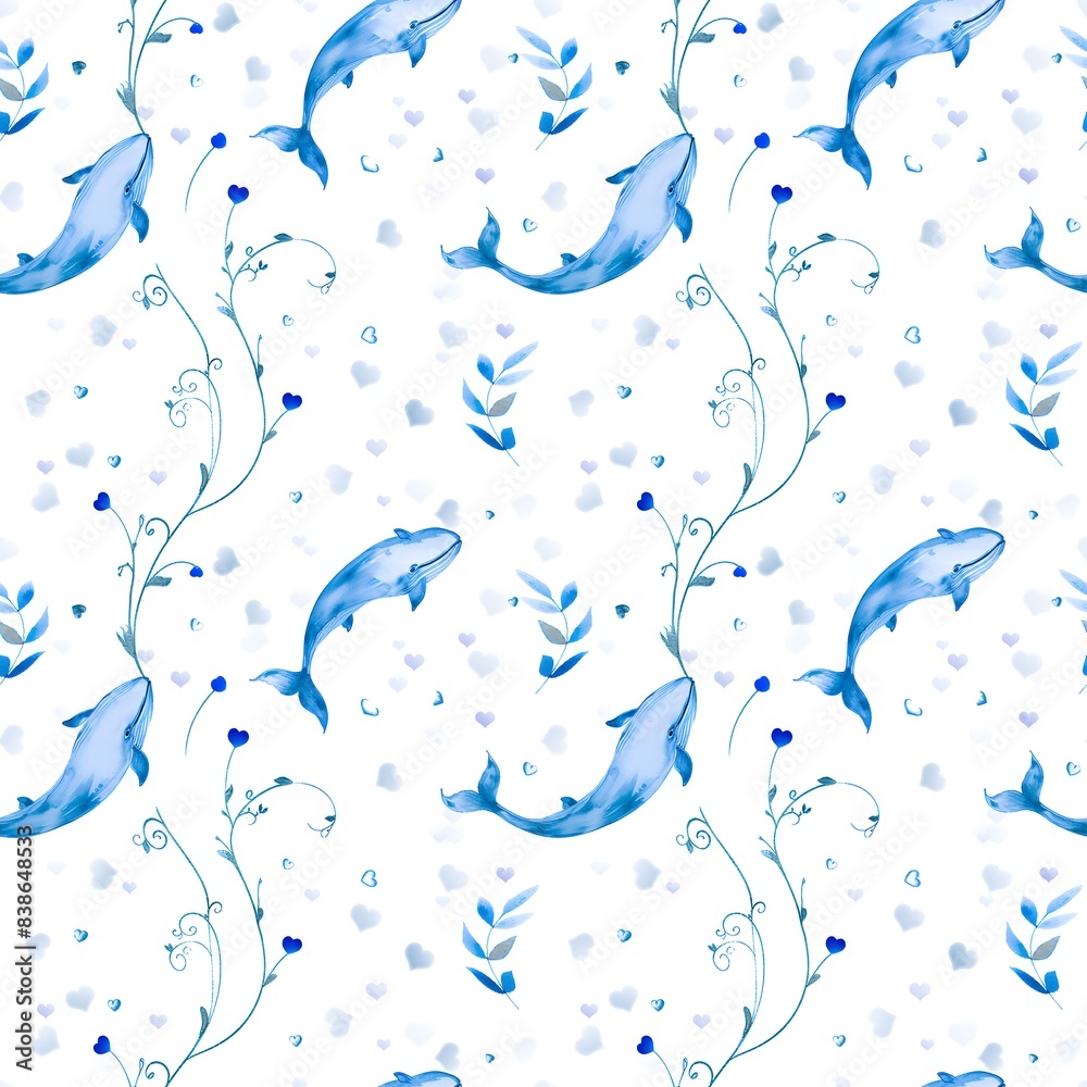 Fototapeta premium Seamless pattern with whales, seaweed and hearts. Smiling blue whales and blue hearts on white background. Hand drawn underwater sealife illustration. Sea fish pattern. For printing, design, wallpaper