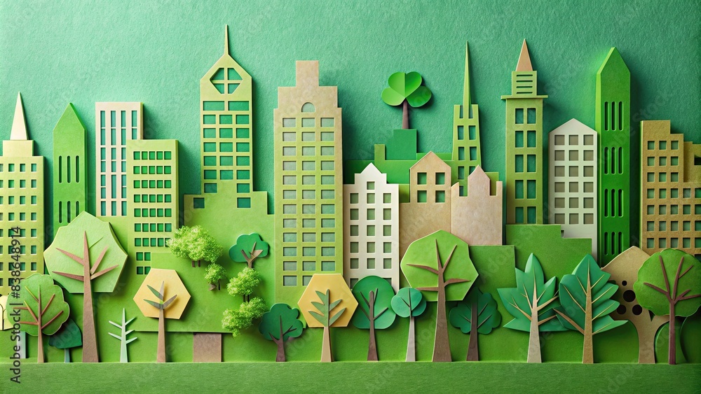 Handmade paper cut cityscape with green buildings, trees, and recycling ...