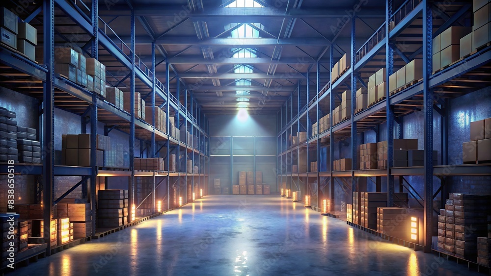 Empty warehouse with shelves full of delivery goods, logistics, warehouse, distribution center, packages, shipping, stock, inventory, storage, transportation, organization, order