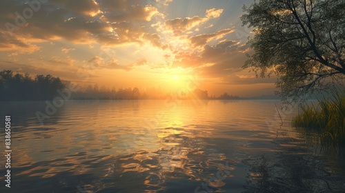 A tranquil lake scene at sunset, with the sun dipping below the horizon and casting a golden reflection on the water