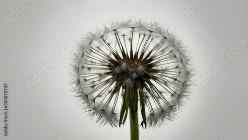 A close-up of a single dandelion seed head  showcasing its delicate structure with a bright white backdrop