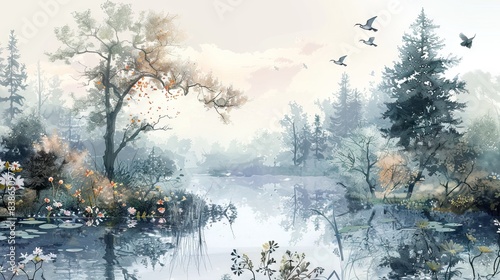 Beige background, fog, humpback bridge, flowering tree branch, birds. Mural wallpaper. AI generated illustration
