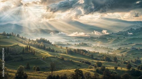 Sun rays shining through clouds over a misty valley