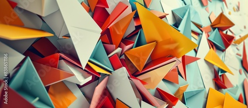 A colorful collage of paper triangles. The image is abstract and has a playful, whimsical feel to it