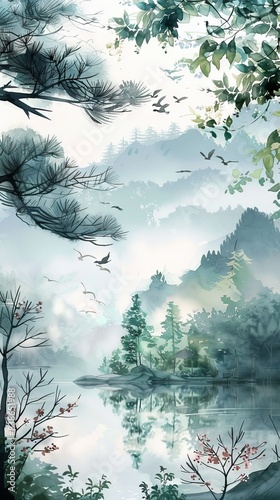 Beige background  fog  humpback bridge  flowering tree branch  birds. Mural wallpaper. AI generated illustration