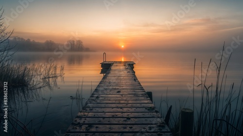 Misty morning sunrise over a serene lake with wooden dock