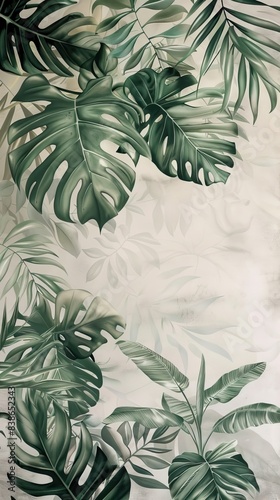 Tropical vintage botanical landscape illustration  palm tree  vegetable flower border background. Mural wallpaper. AI generated illustration