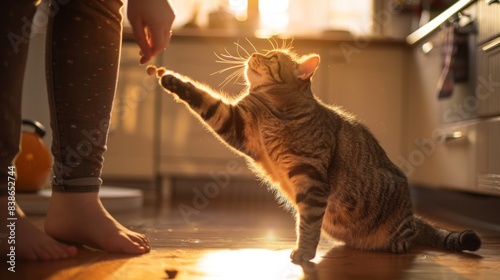 An obese cat stretching out on a kitchen floor, reaching for a treat from its owner in a warmly lit kitchen