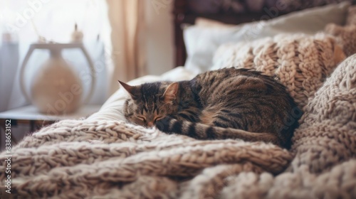 An overweight cat curled up in a tight ball on a fluffy bed, surrounded by cozy pillows and a warm blanket in a serene bedroom