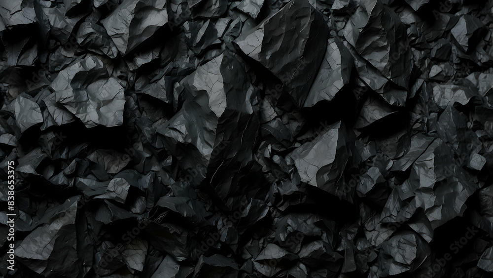 A monochromatic textured image showcasing the intricate creases and shadows of crumpled black paper A monochromatic textured image showcasing the intricate creases and shadows of crumpled black paper