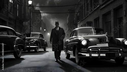 A monochrome scene depicting a man in a fedora hat in a classic noir-style streetscape with vintage cars